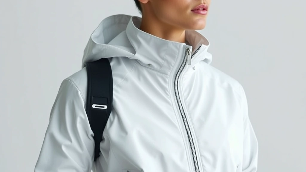 Person wearing advanced white tech-integrated jacket with invisible smart fibers, sleek white monochromatic outfit, modern minimalist aesthetic, professional fashion photography, contemporary styling