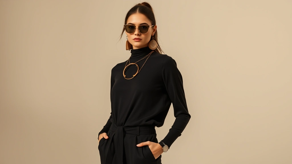 Fashion model wearing minimalist black outfit styled with statement wok-inspired accessories, copper metallics, elegant pose showcasing trend styling, natural lighting