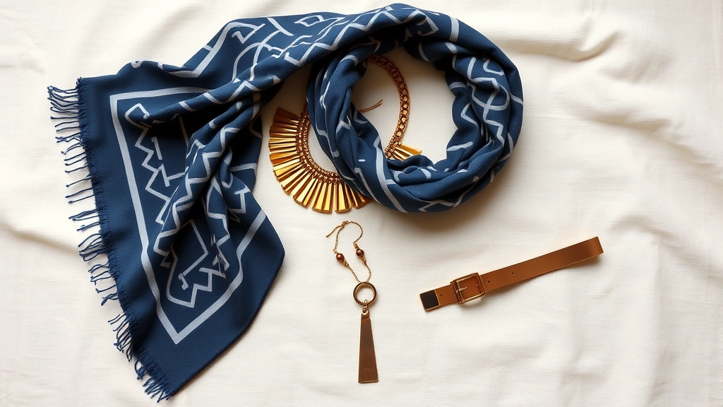 Flat lay composition of fashion wok pieces including geometric patterned scarf, bronze jewelry, metallic belt arranged artfully on cream linen fabric