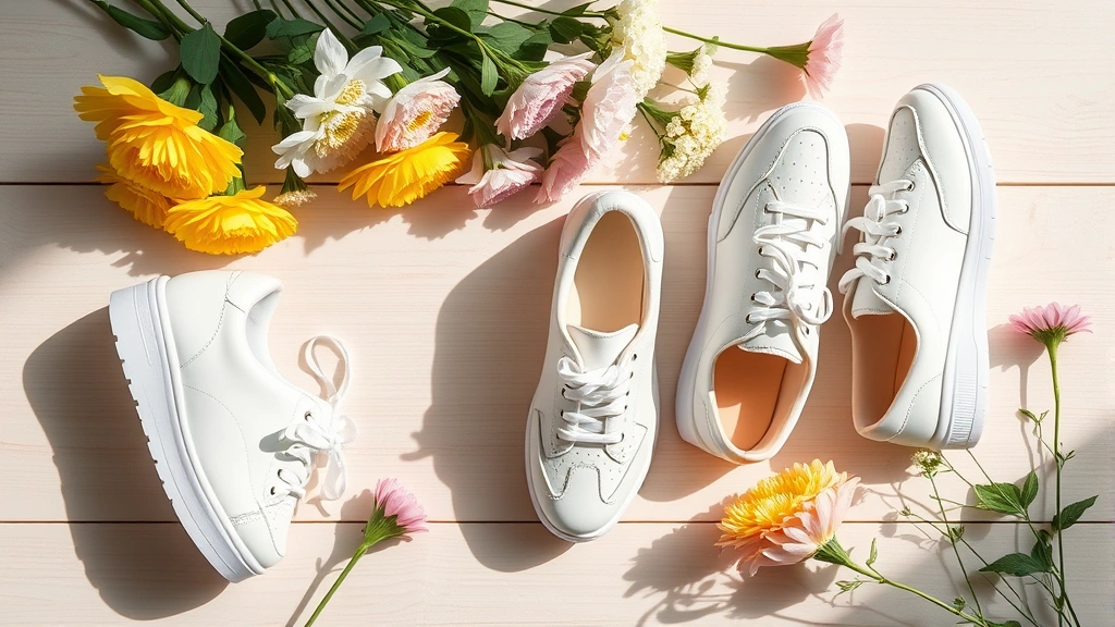 Overhead flat lay of premium women's white and neutral-toned walking shoes arranged artfully with fresh flowers, natural sunlight creating soft shadows on light wooden surface, minimalist aesthetic