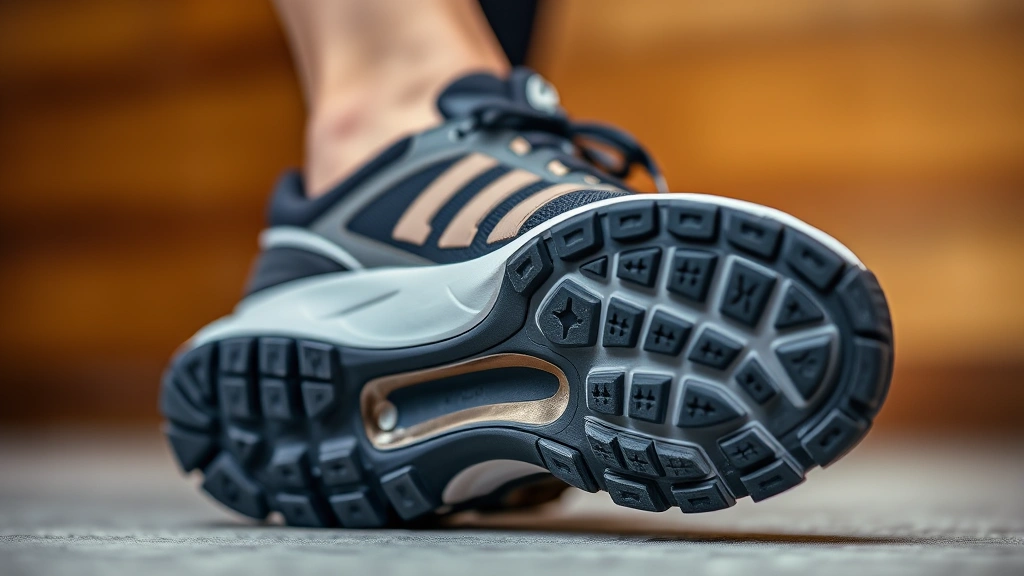 Close-up detail shot of walking shoe sole showing advanced cushioning technology, textured tread pattern, and modern geometric design elements, professional product photography style