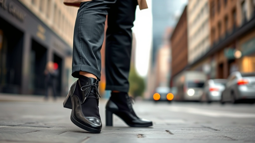Woman wearing sleek black walking shoes with casual professional outfit including tailored trousers and neutral blazer, standing on urban street with blurred city background, confident posture