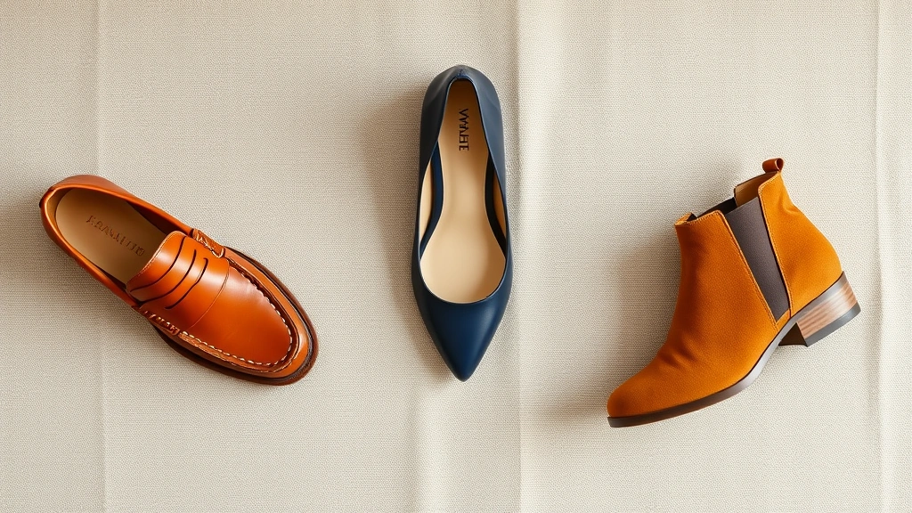 Overhead flat lay of three wide-width shoes: cognac leather loafer, navy pump, and camel suede ankle boot arranged on neutral linen background with natural lighting