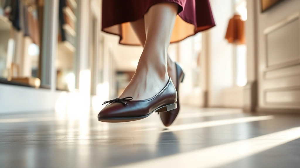 Close-up of woman's feet in wide-width burgundy leather ballet flats paired with flowing midi skirt, walking through sunlit boutique corridor with soft shadows