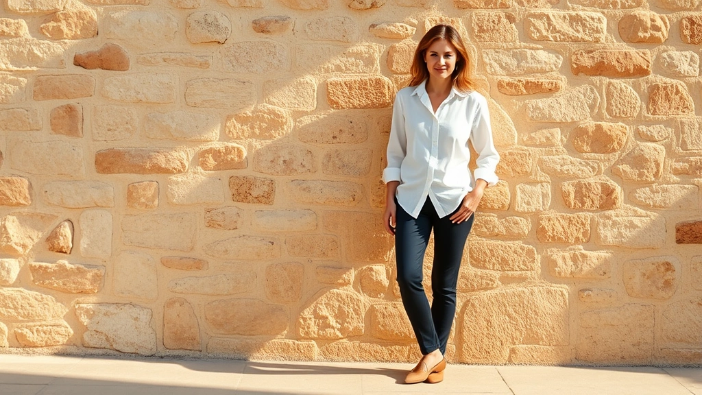 Woman wearing perfectly fitted white linen shirt with dark tailored trousers and neutral leather loafers, standing against warm Mediterranean stone wall, natural daylight, sophisticated casual pose