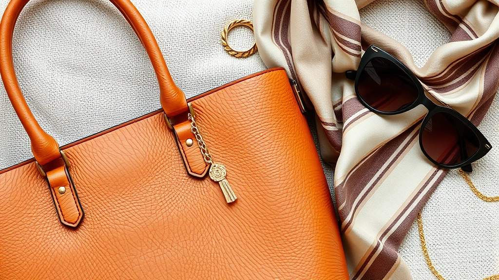 Close-up of luxury Italian leather accessories: caramel leather handbag, gold jewelry, silk scarf, and quality sunglasses arranged artfully on neutral linen fabric background