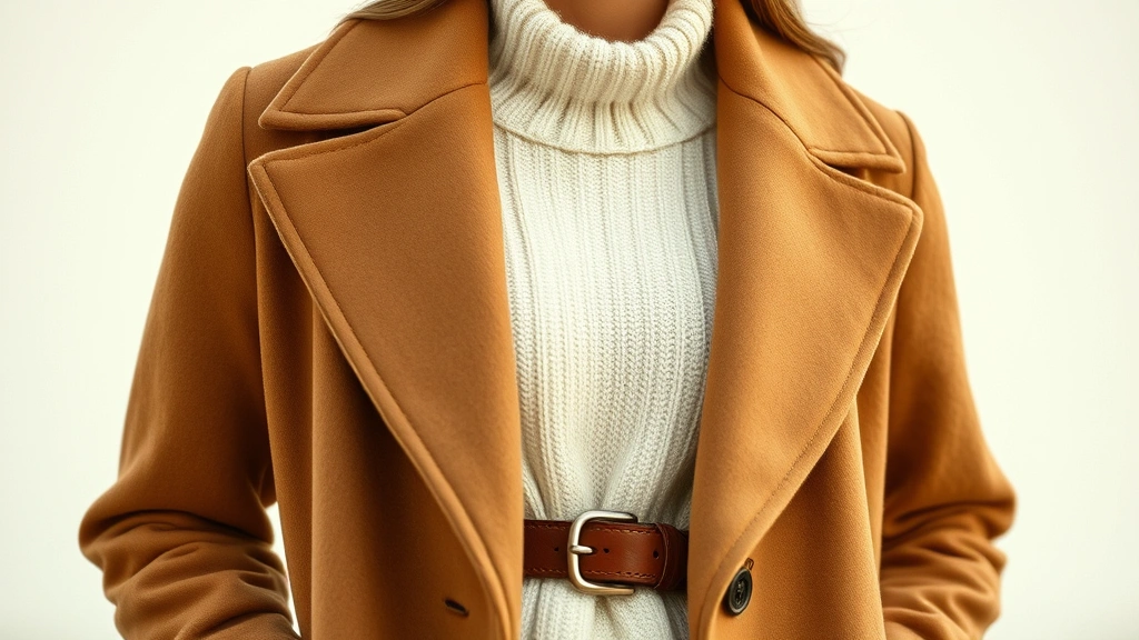 Italian woman layering neutral pieces: cream cashmere sweater under structured camel wool coat with classic leather belt, elegant minimalist styling, soft natural lighting