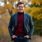 Well-dressed man wearing charcoal wool blazer with burgundy crew-neck sweater and dark fitted jeans, standing in autumn setting with golden trees, professional confident posture, natural lighting