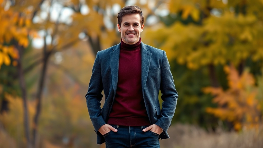 Well-dressed man wearing charcoal wool blazer with burgundy crew-neck sweater and dark fitted jeans, standing in autumn setting with golden trees, professional confident posture, natural lighting