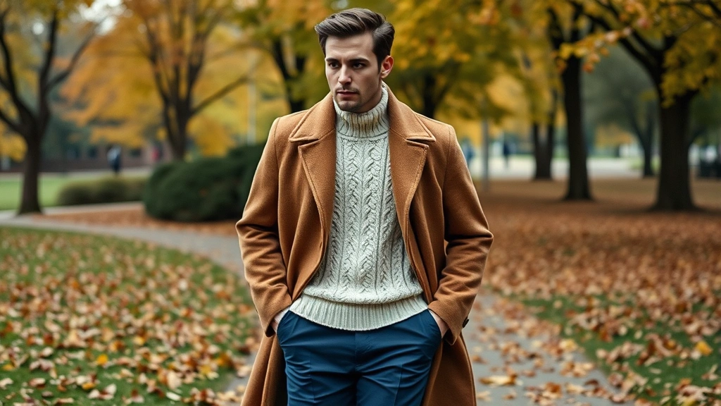 Male model layering outfit featuring camel wool coat over cream cable-knit sweater and navy tailored trousers, walking through fall foliage park, sophisticated casual aesthetic