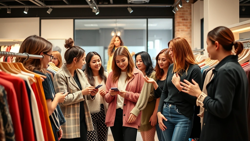 A diverse group of fashion-conscious individuals shopping together in a contemporary boutique, examining garments with genuine interest and enthusiasm, discussing styles and sharing fashion perspectives in a welcoming, collaborative environment