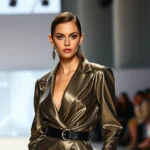 Professional fashionista at runway show wearing avant-garde metallic ensemble with geometric silhouette, confident pose against modern backdrop, editorial fashion photography