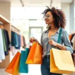Diverse young woman shopping in modern urban clothing store with bright minimalist design, holding multiple colorful shopping bags, natural daylight through large windows, contemporary retail environment