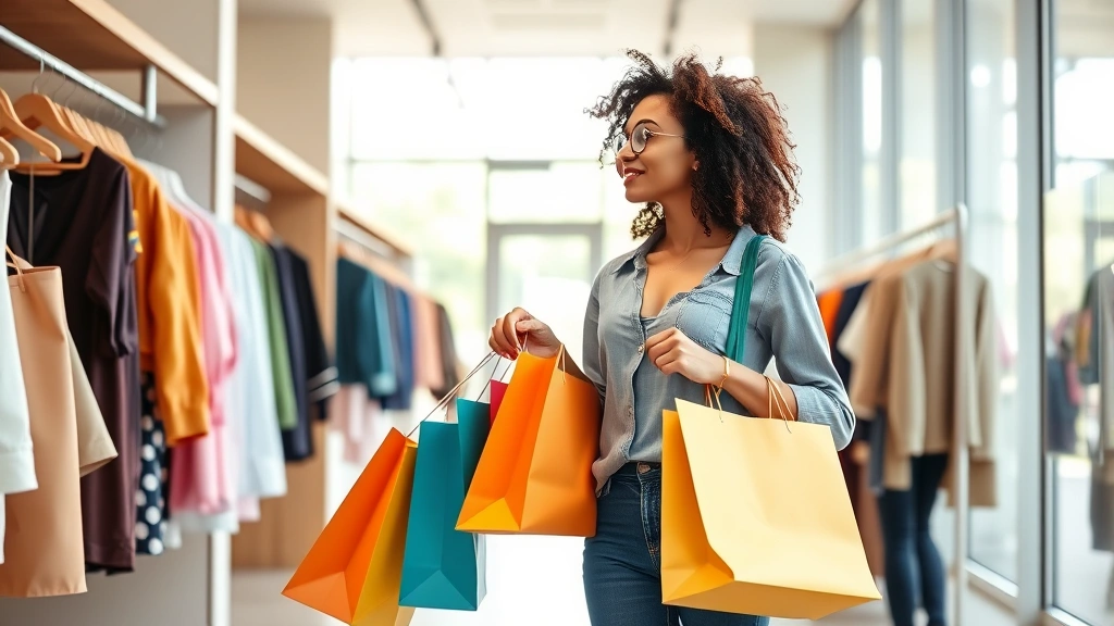 Diverse young woman shopping in modern urban clothing store with bright minimalist design, holding multiple colorful shopping bags, natural daylight through large windows, contemporary retail environment