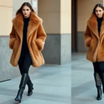Professional model wearing oversized camel-colored faux fur coat with tailored black trousers and polished leather boots, walking confidently in urban setting with neutral backdrop, natural lighting highlighting texture and movement of fabric