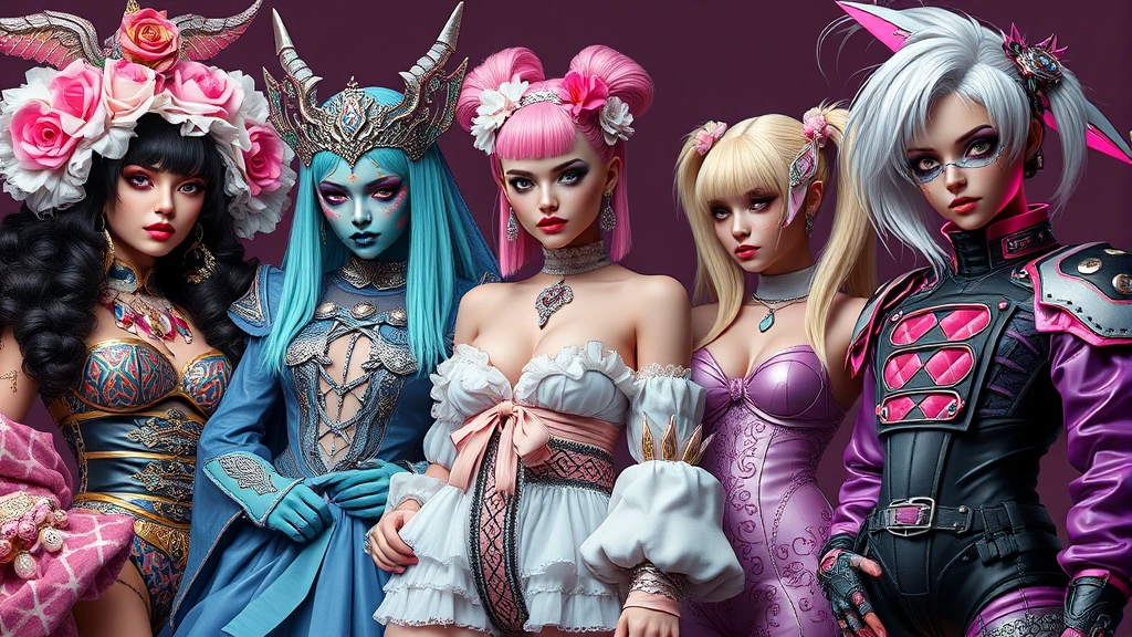 Multiple fantasy characters showcasing different fashion aesthetics: maximalist glamour, cottagecore, cyberpunk futurism displayed together, vibrant colors, professional photography style, luxurious fabrics visible