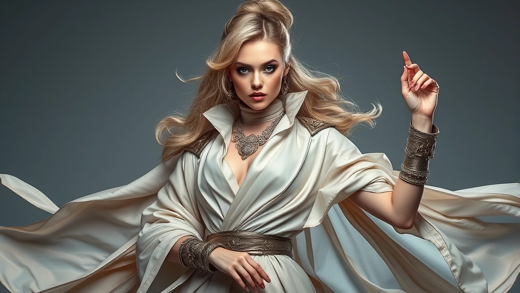 Elegant fantasy character wearing sophisticated layered outfit combining metallic accessories with flowing fabrics, neutral color palette with accent colors, dramatic pose, professional fashion photography lighting