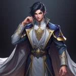 Fantasy character in elegant formal robes with gold accents, flowing fabric, sophisticated pose, professional lighting, detailed embroidery visible on chest