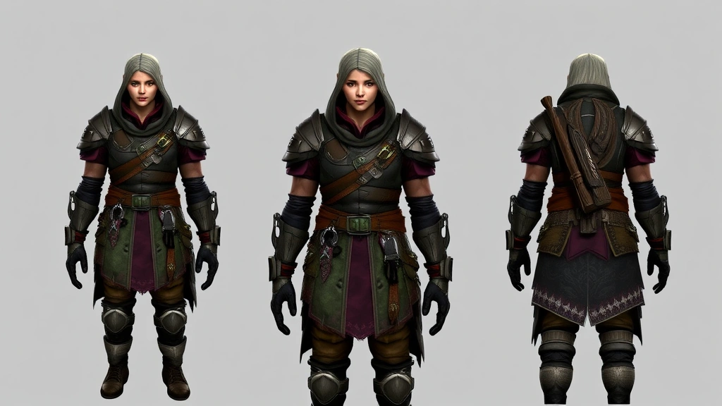 Video game character wearing layered armor with coordinated accessories, complete outfit visible from front, fantasy aesthetic, high-quality rendering, balanced color palette