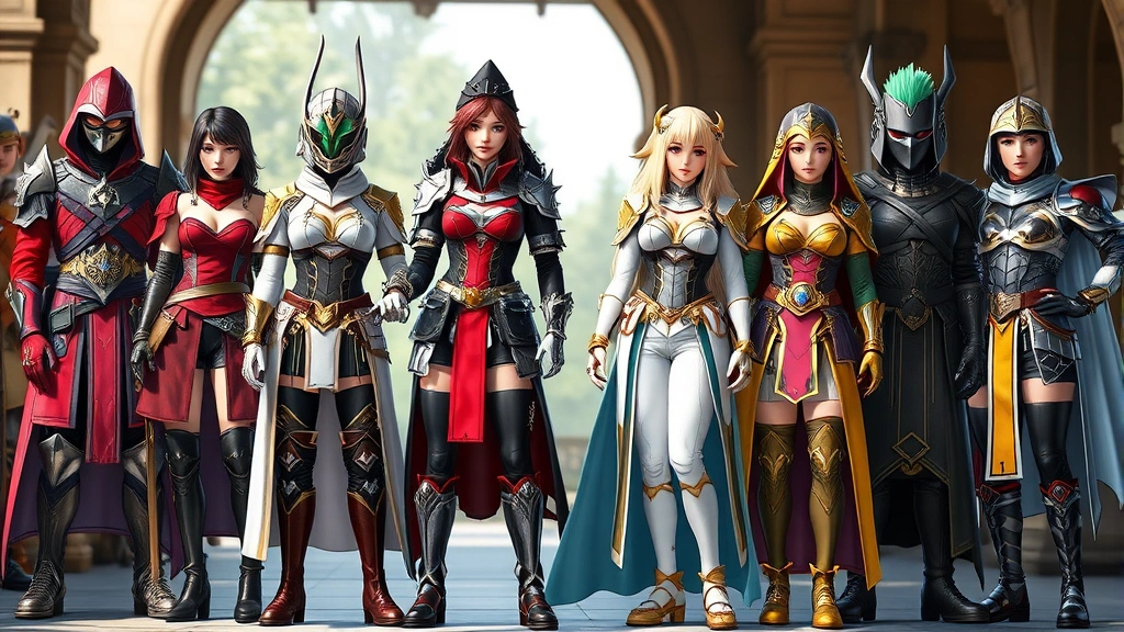 Multiple fashion-forward character outfits displayed together, diverse armor styles, vibrant color coordination, fantasy setting, showcasing different character aesthetics and themes