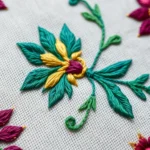 Close-up detail of intricate hand-embroidered textile featuring traditional geometric and floral motifs in jewel tones (sapphire, emerald, ruby) with metallic gold thread accents on natural linen fabric, showing fine needlework craftsmanship