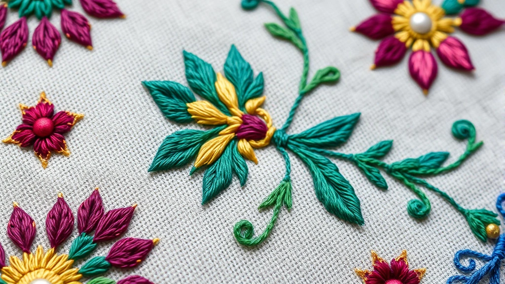 Close-up detail of intricate hand-embroidered textile featuring traditional geometric and floral motifs in jewel tones (sapphire, emerald, ruby) with metallic gold thread accents on natural linen fabric, showing fine needlework craftsmanship