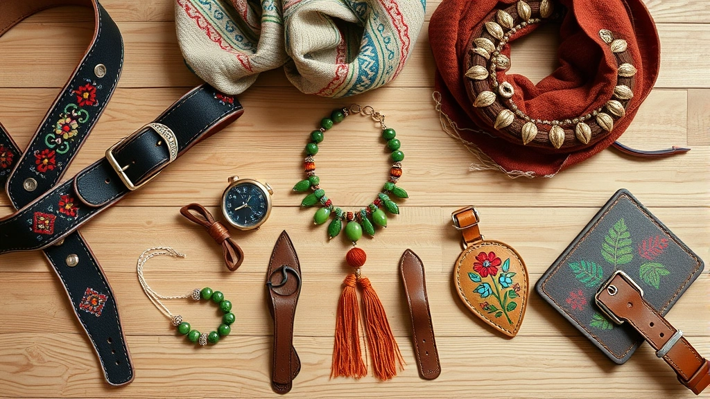 Flat lay composition of folklore fashion accessories including embroidered belts, woven scarves, beaded jewelry pieces, and hand-painted leather items arranged artfully on natural wood surface with soft natural lighting