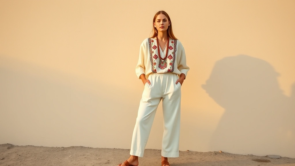 Model wearing folklore-inspired contemporary outfit featuring hand-embroidered cream linen blouse with traditional patterns, paired with minimalist cream linen trousers, traditional beaded necklace, and leather sandals, photographed outdoors in golden hour light against neutral background