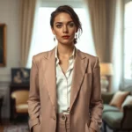 Parisian fashion model wearing classic tailored blazer and white silk blouse, standing in elegant Parisian apartment with vintage furniture, natural window lighting, sophisticated minimalist aesthetic, no logos visible