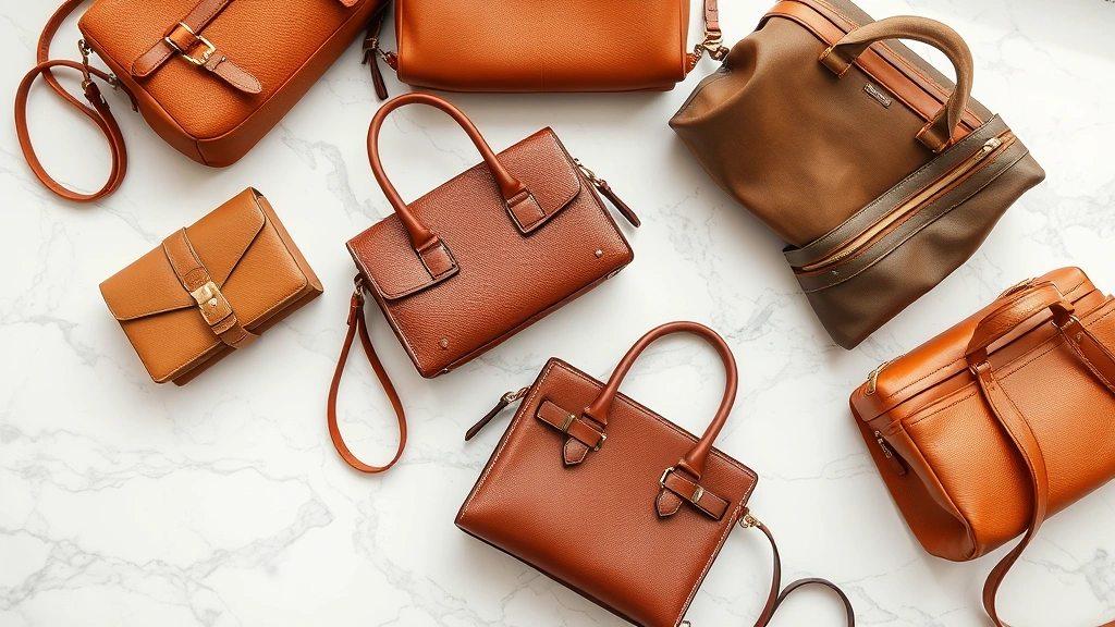 Luxury handbags collection arranged on marble surface - leather goods in neutral tones, close-up detail shots showing craftsmanship and quality materials, soft natural lighting, high-end fashion photography style