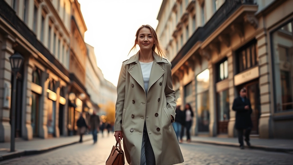 Woman wearing timeless trench coat and neutral palette outfit walking through Parisian street, classic architecture background, effortless chic French style, afternoon golden hour lighting, street style fashion photography