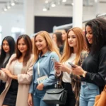 Diverse group of fashionable women shopping together at an indoor fashion fair, examining designer clothing and accessories on display racks, bright modern venue lighting, contemporary style outfits