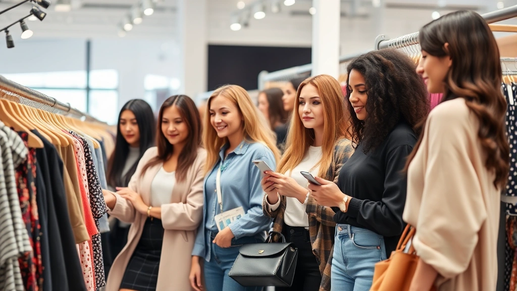 Diverse group of fashionable women shopping together at an indoor fashion fair, examining designer clothing and accessories on display racks, bright modern venue lighting, contemporary style outfits
