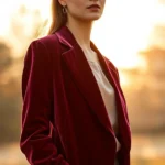 A woman wearing a rich burgundy velvet oversized blazer over a neutral cream silk shirt, standing in golden afternoon light. The texture and depth of the fabric are clearly visible. She has confident posture, styled with minimalist jewelry. Photorealistic, professional fashion photography, warm natural lighting, showcasing luxury textile details and sophisticated styling.