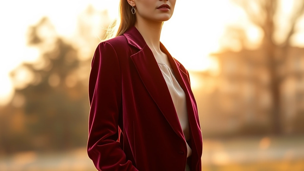 A woman wearing a rich burgundy velvet oversized blazer over a neutral cream silk shirt, standing in golden afternoon light. The texture and depth of the fabric are clearly visible. She has confident posture, styled with minimalist jewelry. Photorealistic, professional fashion photography, warm natural lighting, showcasing luxury textile details and sophisticated styling.