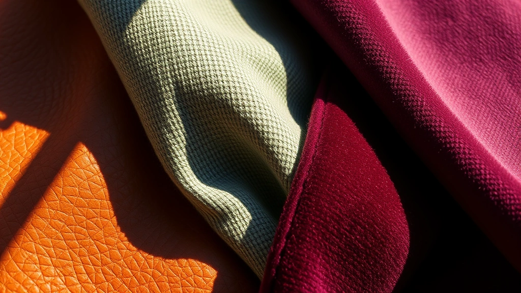 Close-up detail shot of sustainable fabric textures: botanical leather in warm terracotta, textured linen in sage green, and luxurious velvet in plum tone arranged together. Sunlight catches the varied surfaces showing their unique characteristics. Photorealistic, high-detail macro photography emphasizing material quality, innovation, and natural beauty of eco-friendly textiles.