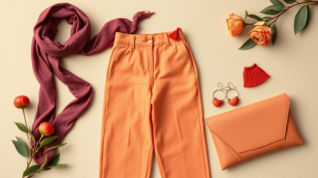 A curated collection of fashion pieces displayed on a neutral background: a plum-toned silk scarf, apricot-colored linen trousers, coral statement earrings, and a peach botanical leather clutch. Arranged to show color harmony and texture variety. Photorealistic, styled flat-lay fashion photography with warm natural lighting, demonstrating fruitful color palette coordination and thoughtful wardrobe building.