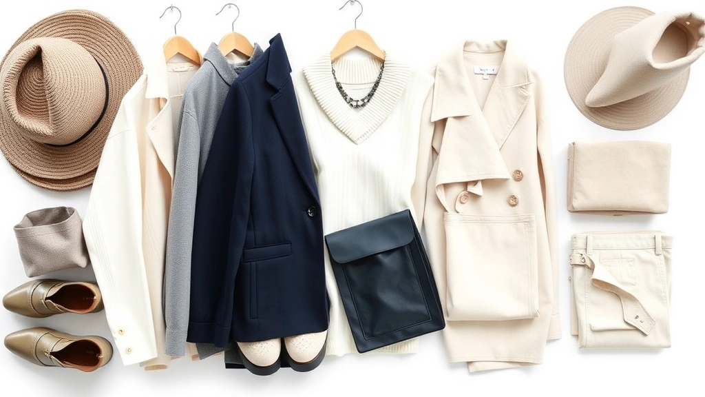 Overhead flat lay of curated capsule wardrobe basics including neutral clothing in cream, navy, gray, quality fabrics, organized elegantly on white background