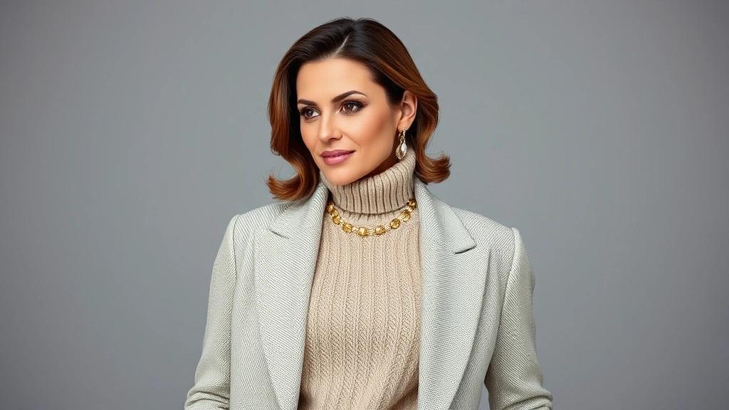 Woman wearing quality layered outfit with textured sweater, structured blazer, elegant jewelry, and classic shoes, sophisticated styling that demonstrates fruitful fashion principles
