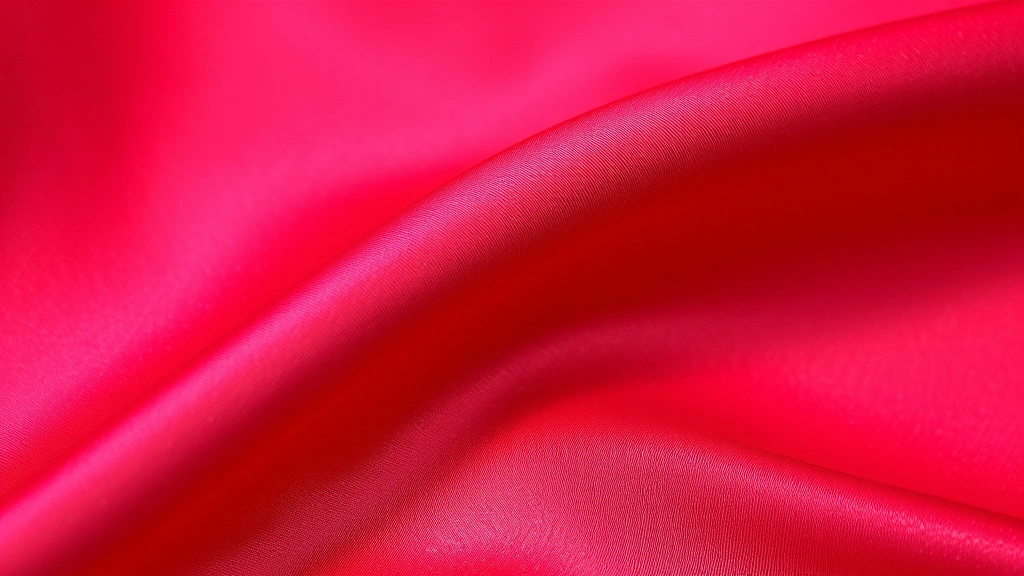 Close-up of vibrant pomegranate red silk fabric with subtle texture, professional fashion photography style, natural lighting highlighting deep crimson tones and luxurious sheen