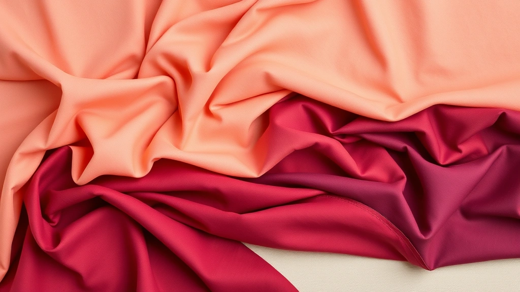 Flat lay arrangement of peachy, berry, and plum-toned fabrics swatched together, showing color harmony and drape, styled on neutral background with professional styling