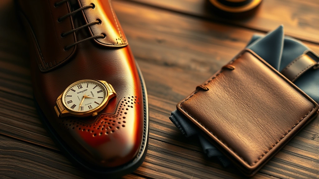 Close-up of leather dress shoes, vintage watch, silk pocket square, and leather wallet on wooden surface, showcasing quality craftsmanship details, warm golden hour lighting, masculine sophistication