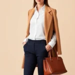 Elegant woman wearing crisp white button-down shirt with tailored navy trousers and structured camel coat, standing confidently with polished leather handbag, neutral beige background, professional yet approachable styling, natural lighting