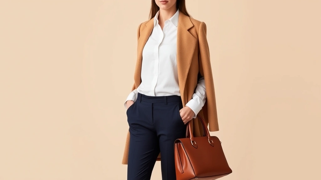 Elegant woman wearing crisp white button-down shirt with tailored navy trousers and structured camel coat, standing confidently with polished leather handbag, neutral beige background, professional yet approachable styling, natural lighting