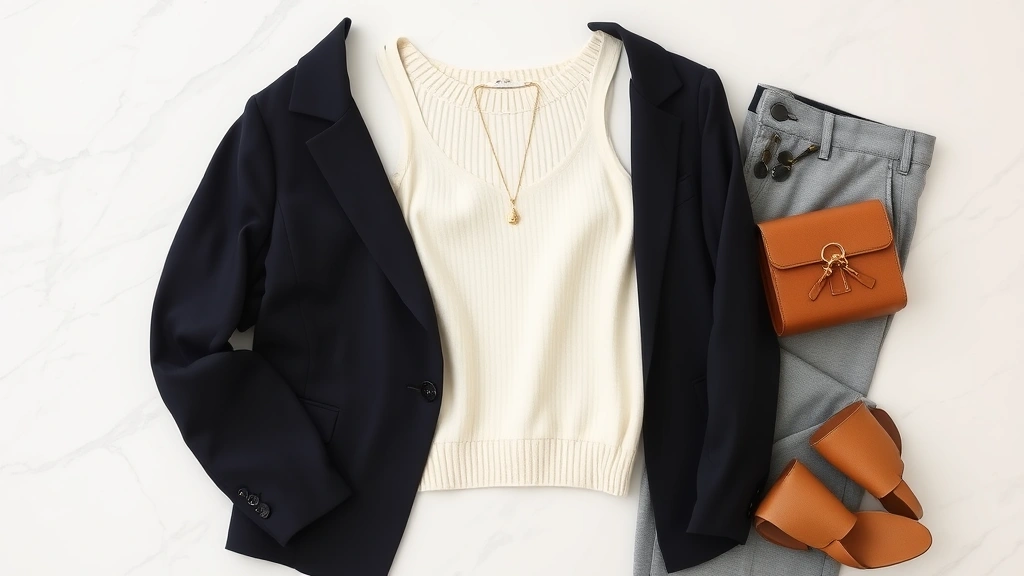Flat lay of classic wardrobe essentials including white silk camisole, cream cashmere sweater, navy blazer, tailored grey trousers, delicate gold jewelry, and neutral leather accessories arranged on light marble surface