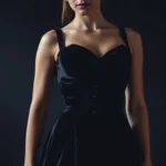 Woman wearing elegant black velvet corset dress with dramatic neckline, standing in moody lighting with dark background, showcasing Victorian-inspired goth fashion silhouette with sophisticated elegance