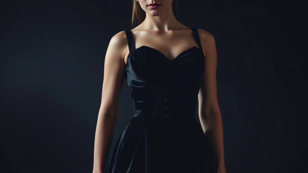 Woman wearing elegant black velvet corset dress with dramatic neckline, standing in moody lighting with dark background, showcasing Victorian-inspired goth fashion silhouette with sophisticated elegance