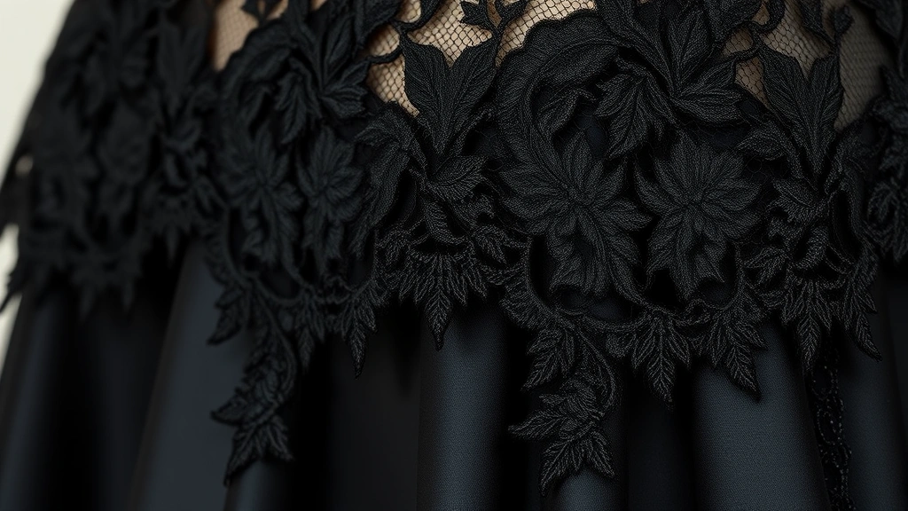 Close-up detail of layered black lace fabric over satin, showing intricate gothic lace patterns, texture variation, and material combination in luxury goth dress design