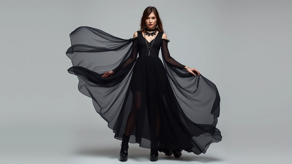 Full-length portrait of model in flowing black maxi goth dress with mesh panels and metallic accents, paired with platform boots and statement jewelry, demonstrating complete gothic styling aesthetic