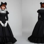 A model wearing an authentic black Gothic Lolita dress with dramatic voluminous skirt, fitted black bodice with white lace collar, black Mary Jane shoes, white knee-high socks, ornate black headbow with ribbon tails, holding an elegant structured black handbag. Victorian-inspired gothic aesthetic, professional fashion photography.